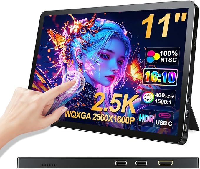 11 inch 2.5K 2560x1600 Portable Touchscreen Monitor 400nits 100% NTSC for PC, Screen Extender IPS Small HDR Touch Screen USB-C HDMI Monitor, Mini Computer Display for Laptop Mac PS4 Xbox