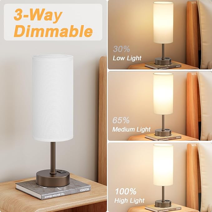Dicoool Bedside Touch Table Lamps for Bedroom Nightstand with USB-C USB-A Charging Ports, White & Brown 3 Way Dimmable Small Desk Lamp for Office, Living Room, Reading, Dorm