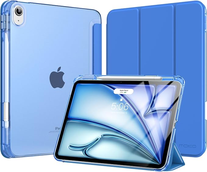 MoKo for iPad Air 11 inch Case (M4/M3/M2) 2026/2025/2024, iPad Air 5th/4th Gen 10.9 inch Case 2022/2020 with Pencil Holder, Slim Light Trifold Cover with Hard PC Translucent Back Shell, Cobalt Blue
