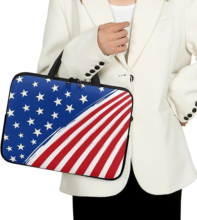 13 Inch American Flag Laptop Sleeve, Red White and Blue Laptop Cover Computer Bag Tablet Carrying Case, Zipper Tote Bags Notebook Sleeves Independence Day Gifts for Men Women
