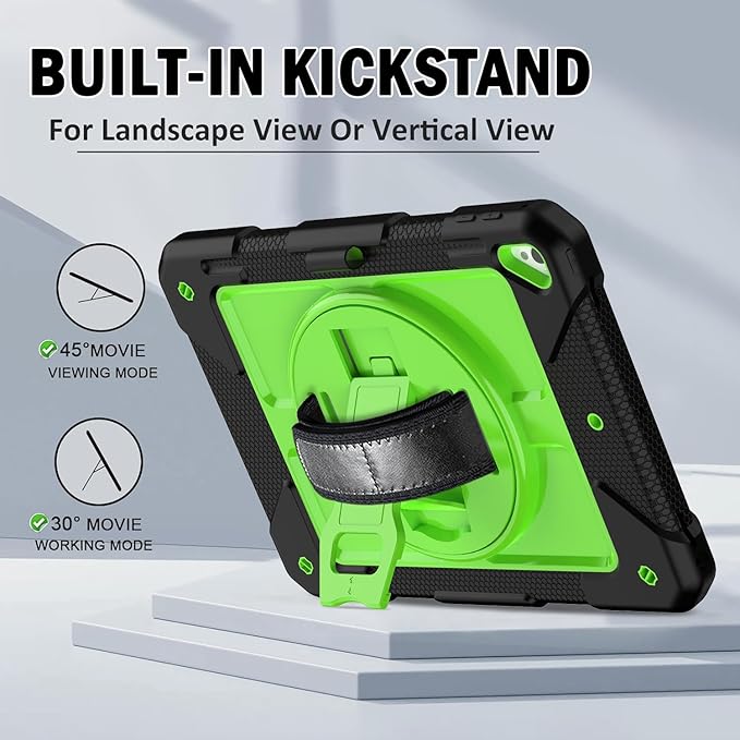 BMOUO Case for iPad 6th/5th Generation Case (9.7 inch, 2018/2017), 360°Rotating Stand, Hand/Shoulder Strap Shockproof iPad 9.7” Case for iPad Air 2, Black and Green