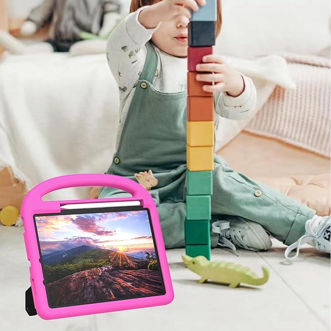 Kids Case for iPad Pro 11" M5 2025/M4 2024 & iPad Air 11" M3 2025/M2 2024, Techcircle Child Shock Proof EVA Protective [Support Pencil Charging] Handle Stand Cover, Pink