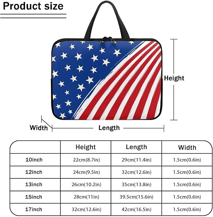 13 Inch American Flag Laptop Sleeve, Red White and Blue Laptop Cover Computer Bag Tablet Carrying Case, Zipper Tote Bags Notebook Sleeves Independence Day Gifts for Men Women