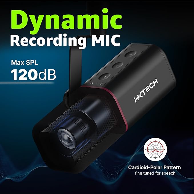 IXTECH Cardioid Dynamic Microphone with Mic Cover, Vocal USB XLR Microphone for Podcasting, Streaming, Recording, Gaming and Voice-Over (Black)