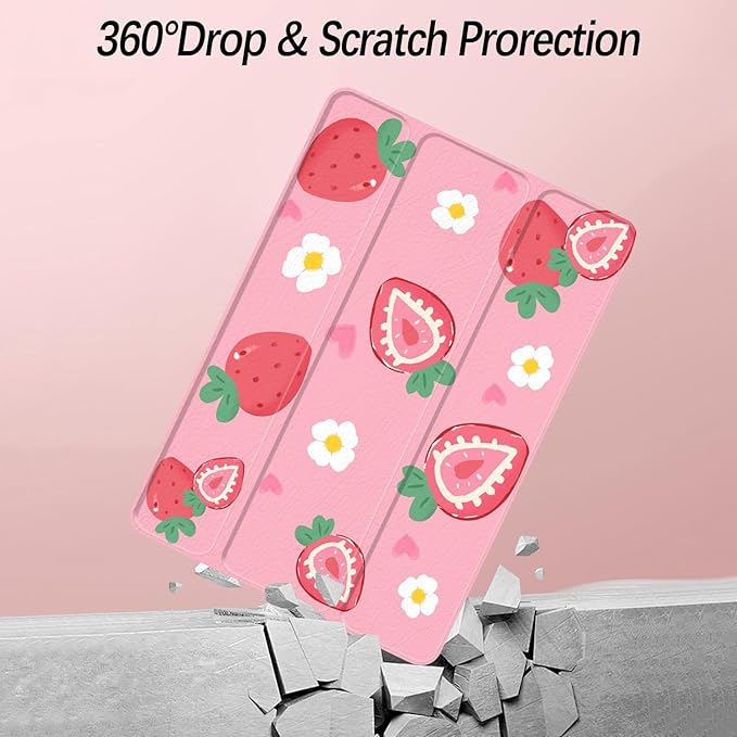 Case for iPad 9th / 8th / 7th Generation (2021/2020/2019) 10.2 inch, Case with Pencil Holder, Stand Clear Back Cover Cute Cool Design for Women Girls, Auto Sleep/Wake, Strawberry