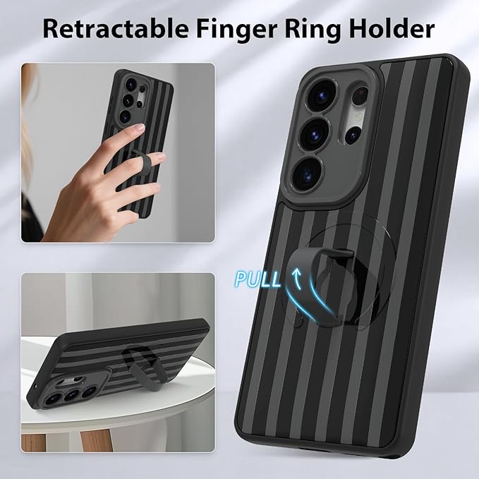 KANGHAR Compatible with Samsung Galaxy S26 Ultra Case, Support for MagSafe, Silicone Stripes Cute Pattern, Wristband Kickstand Camera Protection Soft Slim Cover for Girls Women -Black