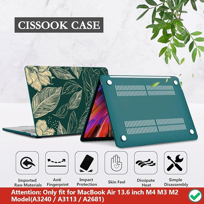 CISSOOK Compatible with MacBook Air 13.6 inch Case 2022 2023 2024 2025 2026 Release A2681 A3113 A3240 A3449 M2 M3 M4 M5, Plastic Hard Shell Case Keyboard Cover Screen Protector, Elegant Floral