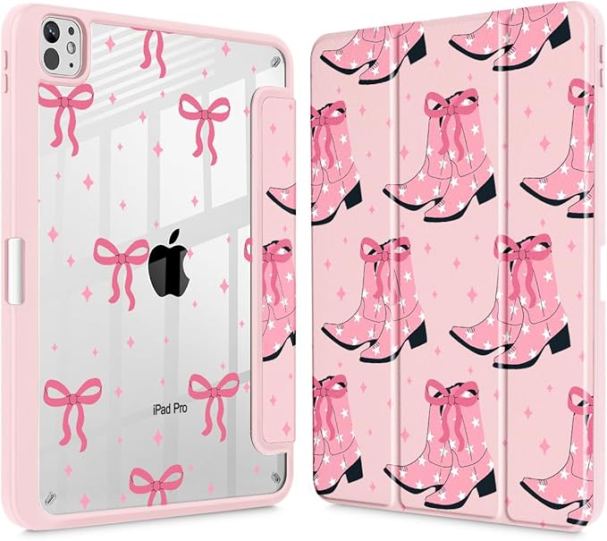 May Chen for iPad Pro 13 Inch Case M5 2025 / M4 2024, Built Pencil Holder & Clear Transparent Print Back Shell Slim Stand Shockproof Tablet Cover, Auto Wake/Sleep, Pink Boots Bows