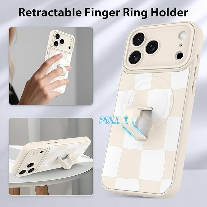 KANGHAR Compatible with iPhone 17 Pro Case, Support for MagSafe, Silicone Checkered Cute Pattern, Wristband Kickstand Camera Protection Soft Slim Cover for Girls Women -White