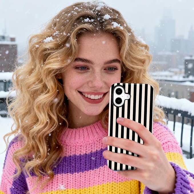 Magnetic for iPhone 16 Case Cute Stripes Phone Case, Shockproof Slim TPU and Hard PC Protective Phone Cover Compatible with MagSafe Designed for Women Girls, Black and White