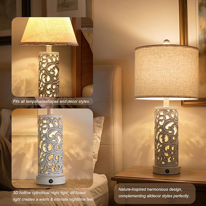 OYEARS Bedside Table Lamps Set of 2 with USB & Night Light, 22'' Farmhouse Bedroom Lamps for Nightstand, Vintage Table Lamps for Bedroom Living Room Home Offce (Bulb Included)