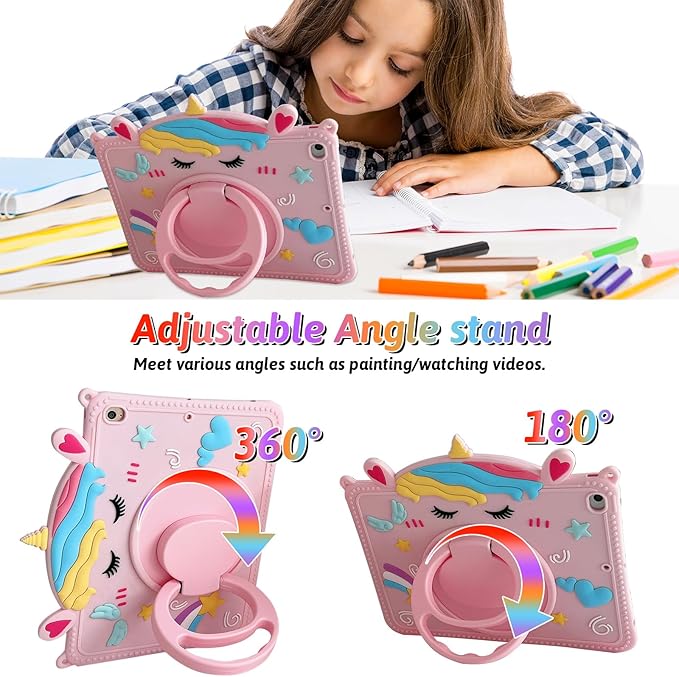 Dteck for iPad 10.9" 10th Generation Case Kids,Cute Cartoon 3D Unique Design Light Rotating Handle Stand Shoulder Strap Soft Silicone Funda Drop Rugged Shockproof Protective Kid-Proof Case,Unicorn