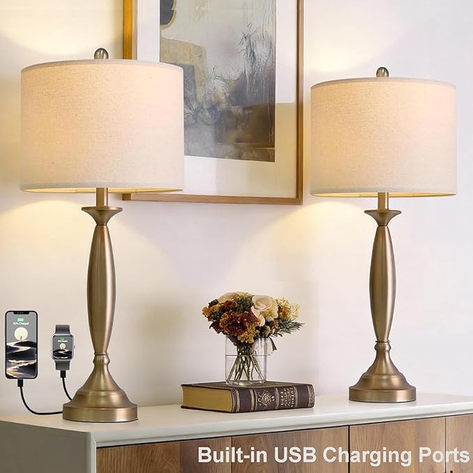 Oneach 28" Warm Gold Table Lamps Set of 2, Modern Bedside Lamps with USB Ports, Tall Nightstand Lamps for Living Room Bedroom End Table Home Office
