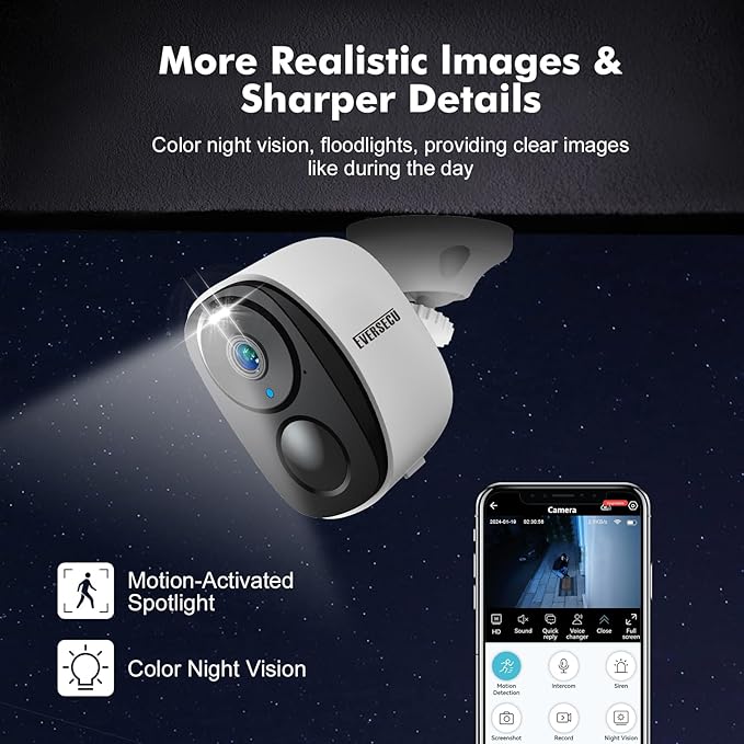 EVERSECU 2K 3MP Solar-Powered Wireless Security Camera Support Pairing Via Bluetooth, Outdoor WiFi Home CCTV Bullet Camera, Spotlight, PIR Motion Detection, 2-Way Audio, Compatible with Alexa(4pack)