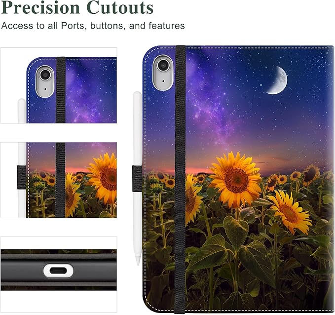 Vimorco Case for iPad (A16) 11th Generation 2025, for iPad 11th/10th Generation Case, Faux Leather Protective Adjustable Cover, Auto Sleep/Wake, Card Pocket with Pencil Holder, Starry Sunflower