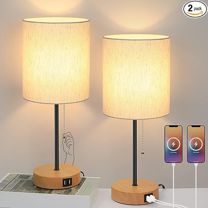 Table Lamps Set of 2 with USB Charging Ports, Bedside Lamps with AC Outlet, Nightstand Lamps with Pull Chain Switch, Minimalist Modern Desk Lamps with Flaxen Shade for Living Room Bedroom Office
