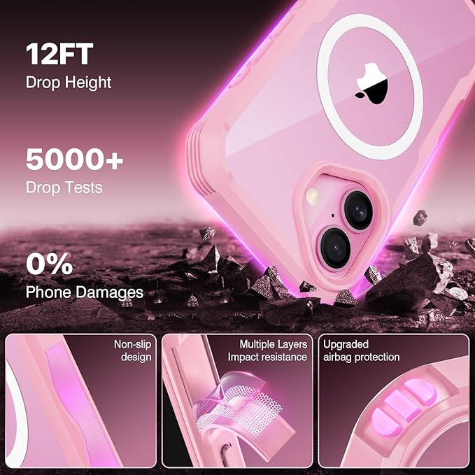 CENHUFO Magnetic Privacy for iPhone 16 Case [Compatible with Magsafe] Full Body Phone Case Built-in 9H Tempered Glass Privacy Screen Protector and Camera Lens Cover, Shockproof Bumper Clear - Pink