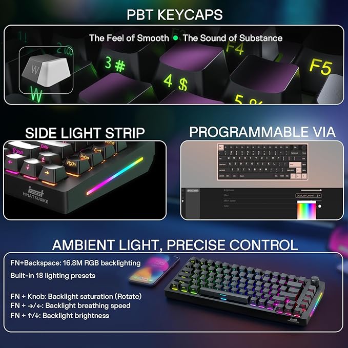 HINATSUSIKE H83 Pro 75 Percent Wireless Mechanical Keyboard for Gaming, Hot-Swappable with Knob, RGB Backlit, Pre-Lubed Cardamom Linear Switches, Side-Printed PBT Keycaps, 2.4G/BT5.0/USB-C Black