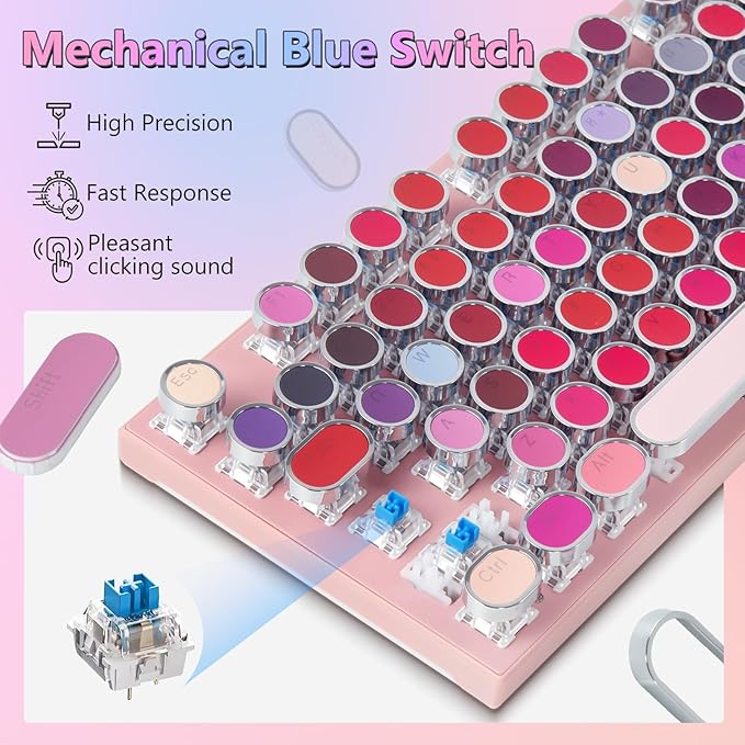 HUO JI Mechanical Gaming Keyboard Typewriter Style with RGB Side Lit and Purple LED Backlit, Retro Style, Blue Switches - Clicky, Metal Panel, Lipstick 104 Keys USB Wired for Mac, PC, Cute Pink