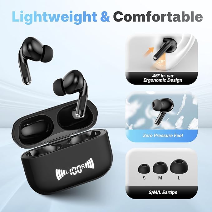 Wireless Earbuds, Bluetooth 5.3 Headphones Wireless Earbuds with 4 ENC Noise Cancelling Mic, 40+Hrs, HiFi Bass 3D-Stereo, USB C in-Ear Earphones, Ear Buds for iPhone, Android,Laptop