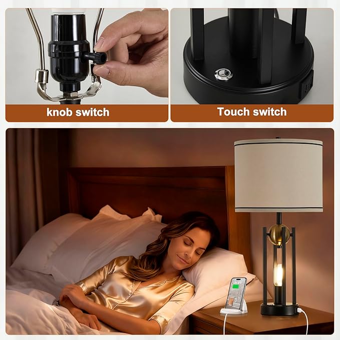 25'' Farmhouse Table Lamps for Living Room Set of 2 with USB C+A Ports, Rustic Vintage Bedside Lamp for Bedroom, Touch Lamps for Nightstand, Dual Lights Independent Switch, Bulb Included, Gold