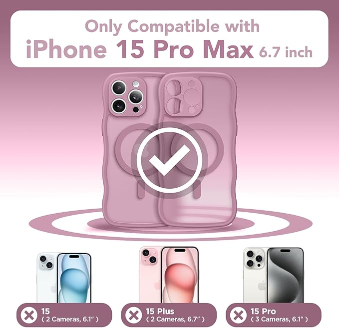 CAPRARO Cute for iPhone 15 Pro Max Case, Compatible with MagSafe, [Curly Wave Edge] [Full Camera Protection] [14 FT Drop Protection] Magnetic Phone Case for 15 Pro Max 6.7 Inch, Black Currant