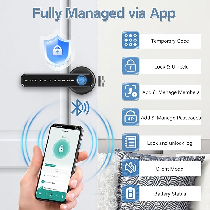 Fingerprint Door Lock Biometric Smart Door Knob Keyless Entry Door Lock One-Touch Lock & Unlock Electronic Touchscreen Keypad Lock with Handle, Door Locks for Front Door Bedroom Hotel Office Apartment