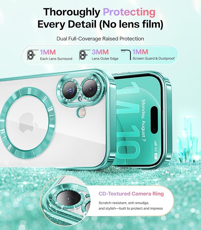 Meifigno Designed for iPhone 17 Case 6.3", [Glitter Card & Wrist Strap] [Compatible with MagSafe] [2X HD Screen Protectors] Surround Raised Lens Protection for iPhone 17 Case 6.3 Inch, Teal