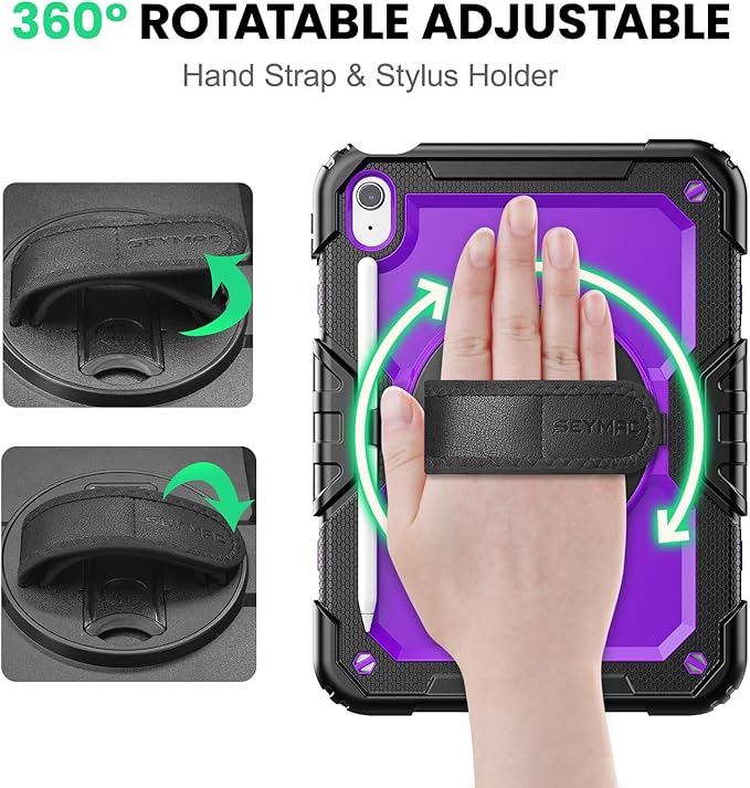 SEYMAC Case for iPad (A16) 11th/10th Generation 2025/2022 (11″/10.9″), Sturdy Heavy Duty Full-Body Shockproof Protective Case with Screen Protector, Rotating Stand, Hand/Shoulder Strap, Purple