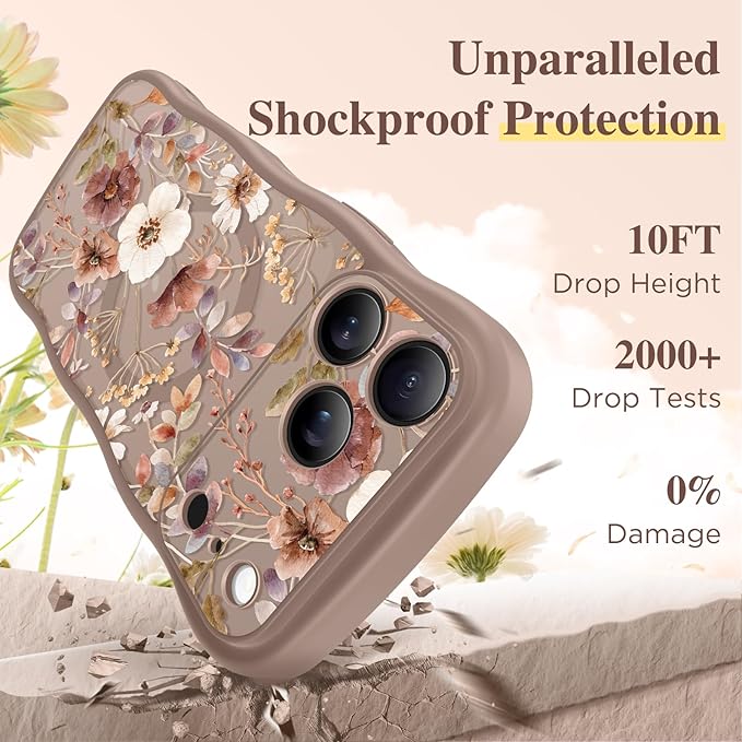 GVIEWIN for iPhone 17 Pro Max Case Compatible with MagSafe [Curly Wave Edge][Full Camera Protection] Floral Translucent Shockproof Magnetic Women Phone Case for 17 Pro Max, Corn Poppy/Brown