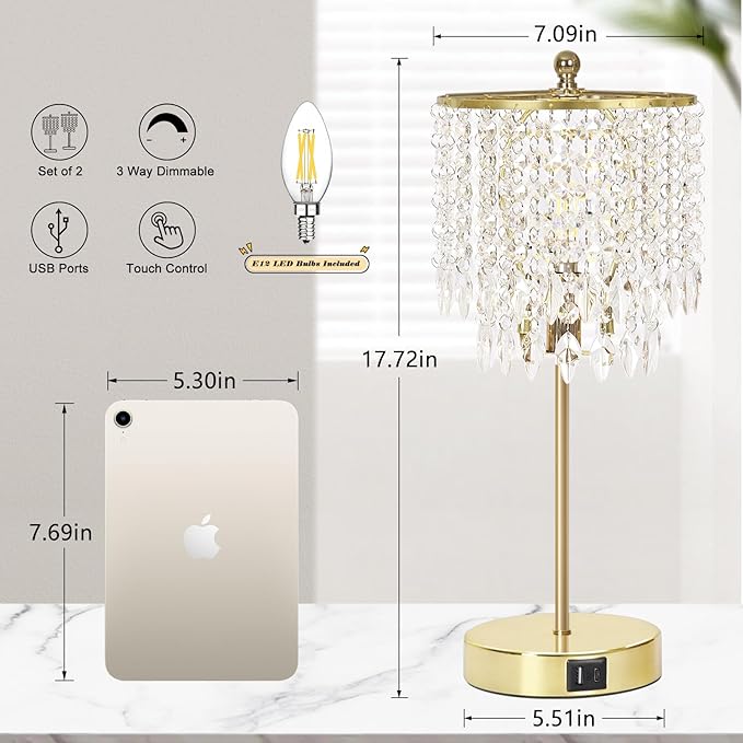 Crystal Table Lamp Set of 2, 3-Way Dimmable Nightstand Lamp with 2 USB Charging Ports, Gold Bedside Lamp for Bedroom, Touch Lamp with Elegant Shade for Living Room, B11 LED Bulb Included