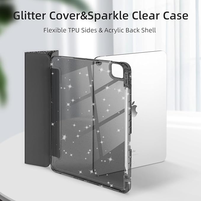Case for iPad Air 13 Inch (M4/M3/M2, 2026/2025/2024) & iPad Pro 12.9 6/5th Gen (2022/2021), Glittering Sparkly Cover with Shiny Clear Back Shell, Trifold Stand Case with Pencil Holder, Black
