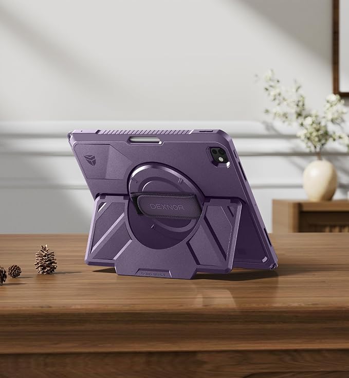 Dexnor for iPad Pro 13 inch Case M5 2025/M4 2024, Rugged Protective Case with 360° Rotating Hand Strap & Large Steady Stand & Screen Protector & Pencil Holder Shockproof Full-Body Bumper Cover,Purple