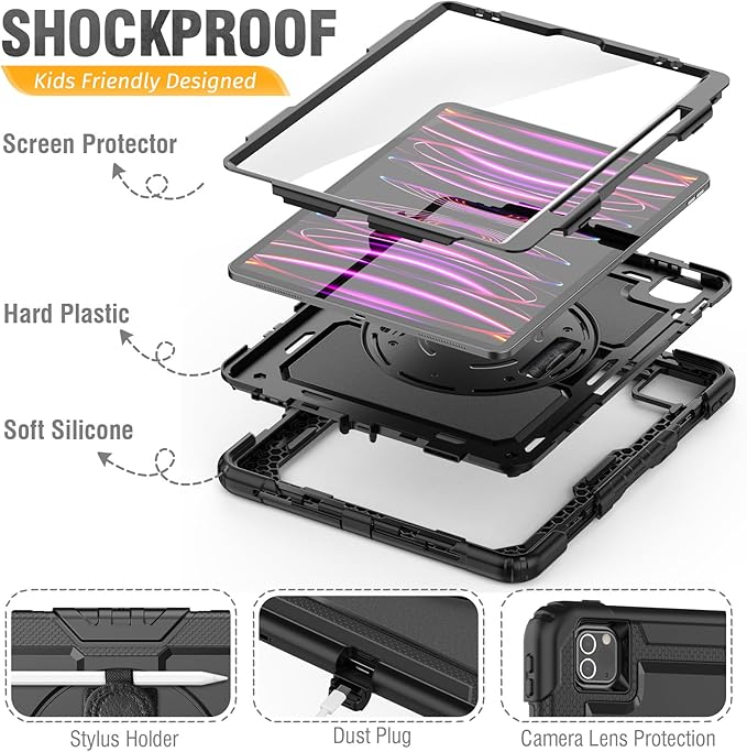HXCASEAC Case for iPad Pro 12.9 Case (6th 5th 4th 3rd Generation), Shockproof Design | Pencil Holder | Hand Strap | Screen Protector | Heavy Duty Protective iPad 12.9 inch 2022/2021/2020/2018 - Black