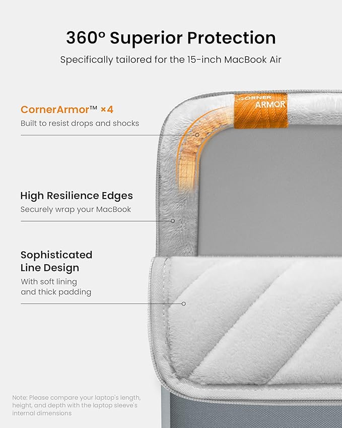 tomtoc 360° Protective Laptop Sleeve for 15-inch New MacBook Air M5/A3448 (2026), M4/A3241, M3/A3114, M2/A2941, Water-Resistant Laptop Case Fits 15-inch MacBook Pro A1990 A1707 & Surface Laptop AI PC
