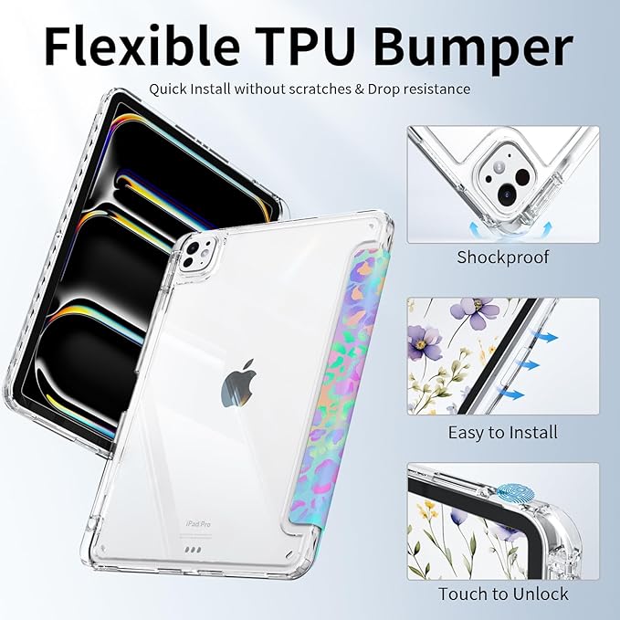 Clear Case for ipad Air 13 inch M3 2025 & M2 2024, ipad Pro 12.9" 6th/5th/4th/3rd Generation with Pencil Holder, Trifold Stand Shell, Slim Shockproof Clear Back, Composition Book
