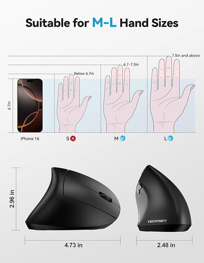 TECKNET Ergonomic Mouse Rechargeable Bluetooth - 4800 DPI Vertical Mice 6 Adjustable Levels, Wireless Optical Carpal Tunnel Mouse Right Hand, Multi Device for Laptop, PC, Computer, MacBook - Black
