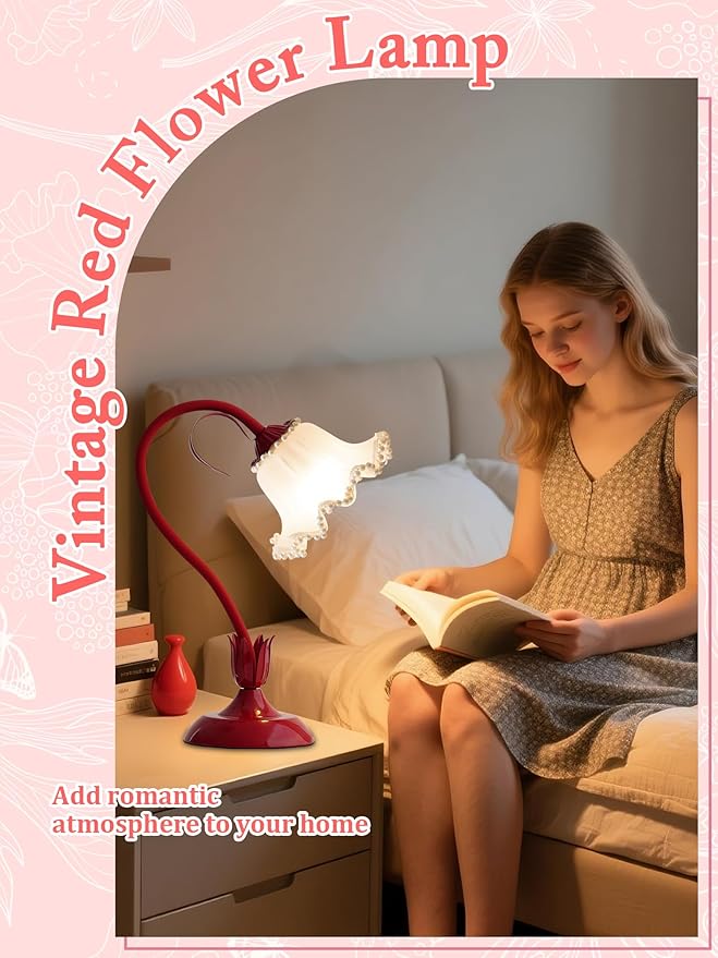 AQDZCNF Flower Table Lamp,LED Reading Light Bedside Vintage Flower Night Light,3 Colors Modes Kawaii Bedside Lamps Decor,Living Room Bedroom Room Lighting Table Lamps Home Decoration (Red Pearls)