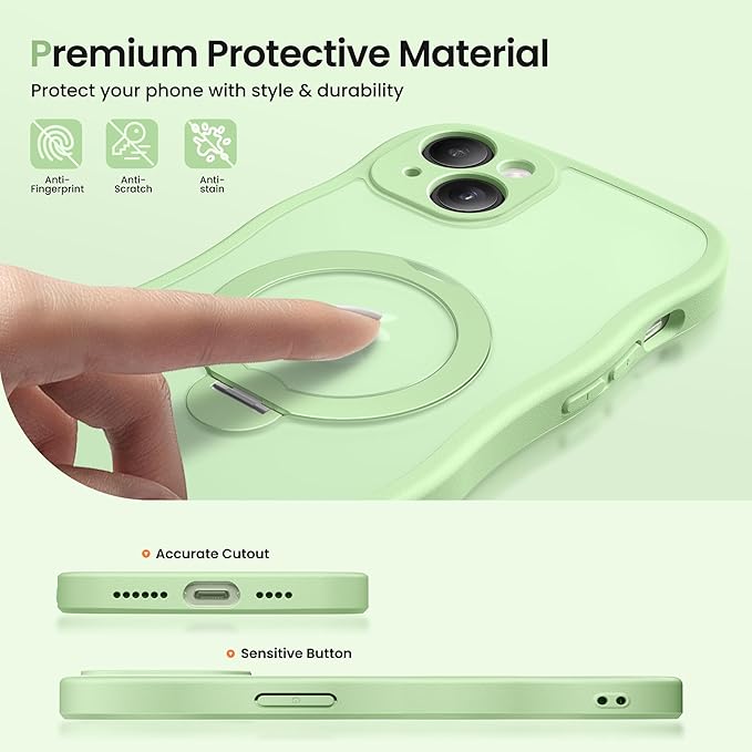 CAPRARO for iPhone 15 Case with 360° Spin Magnetic Stand for Women, [Compatible with MagSafe] [Full Camera Protection] Cute Wave Translucent Matte Case for iPhone 15, Light Green