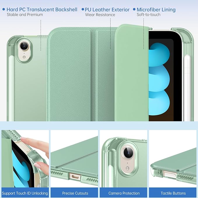 MoKo for iPad mini 7 A17 Pro Case 2024, iPad mini 6th Generation Case 8.3 Inch 2021 with Pencil Holder, Slim Light Trifold Smart Protective Cover with Hard PC Translucent Back Shell, Tequila Green