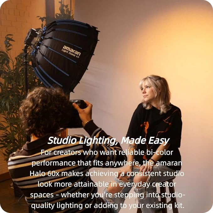 Amaran Halo 60x 63W Bi-Color COB Monolight – 3,270 Lux, CRI 96+, CCT 2,700K - 6,500K, 28dBA Quiet,Dual AC/USB-C Power, App Control, Bowens Mount Continuous Light for Studio/Streaming/Location Shooting