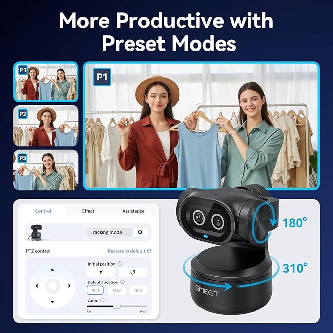 EMEET PIXY Dual-Camera AI-Powered PTZ Camera 4K with Tripod, AI Tracking, PDAF&AI Autofocus 0.2s, 1/2.55'' Sony Sensor, 3 Mics, Presets, 4K Webcam for Streaming, OBS/Twitch/Switch 2 Compatible