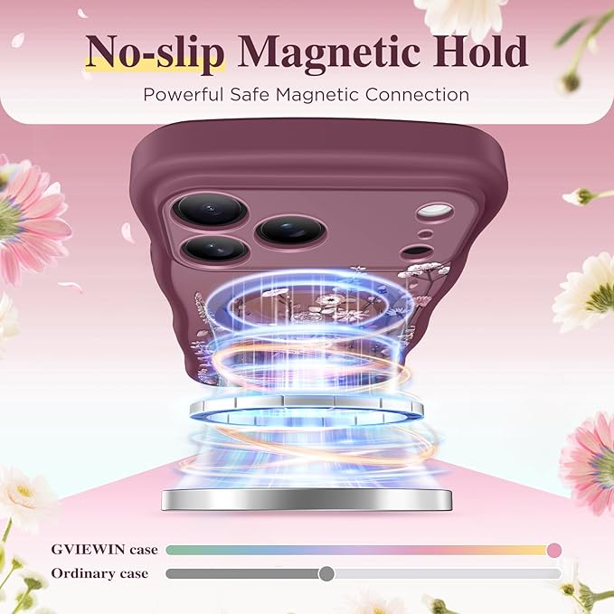 GVIEWIN for iPhone 17 Pro Case Compatible with MagSafe [Curly Wave Edge][Full Camera Protection] Floral Translucent Shockproof Magnetic Women Phone Case for iPhone 17 Pro 6.3'', Floratopia/Burgundy