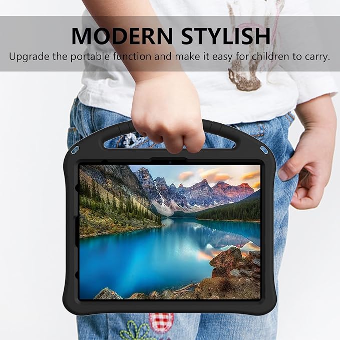 Kids Case for iPad Pro 13 inch M5/M4 (2025/2024) with Kickstand/Pencil Holder/Handle Stand Lightweight Soft EVA Foam Shockproof Heavy Duty Rugged Protection Kids Girls Boys Cover, Black