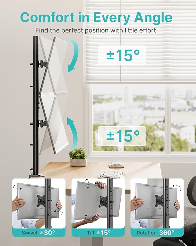 Pegzone Vertical Dual Monitor Mount for 17–34 Inch Screens, Stacked Monitor Stand, Holds up to 33 lbs per Arm, 33.1" Extra Tall Pole, Full Motion Height Adjustable Mount, 75/100 VESA, Clamp & Grommet