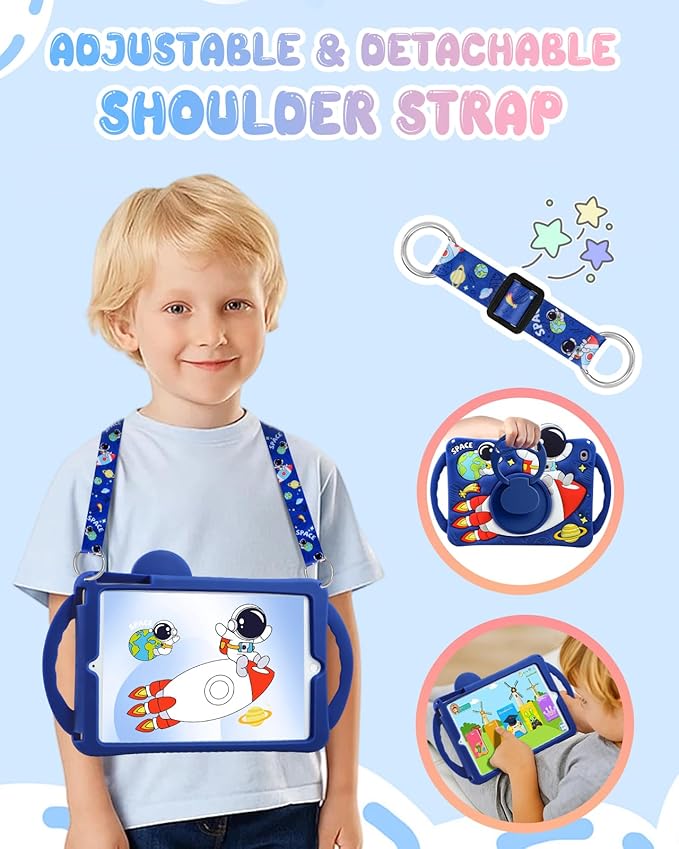 Boaretiu Kids Case for iPad mini 4/mini 5 Generation 7.9 Inch - Cute Cartoon Astronaut Spaceship Silicone Case with Strap & Rotating Stand Soft 3D Tablet Cover for Boys Teens