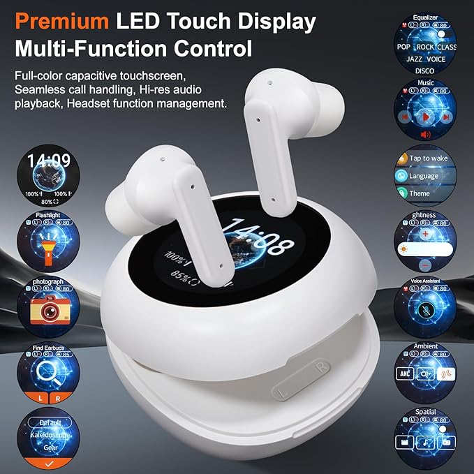 Wireless Earbuds, ANC/ENC Noise Cancelling Earbuds with Touch Screen, Bluetooth 5.4 Ear Buds with LED Charging Case, 40H Stereo Sound, IPX7 Waterproof Earphones with 6 EQ Modes for iOS Android (White)