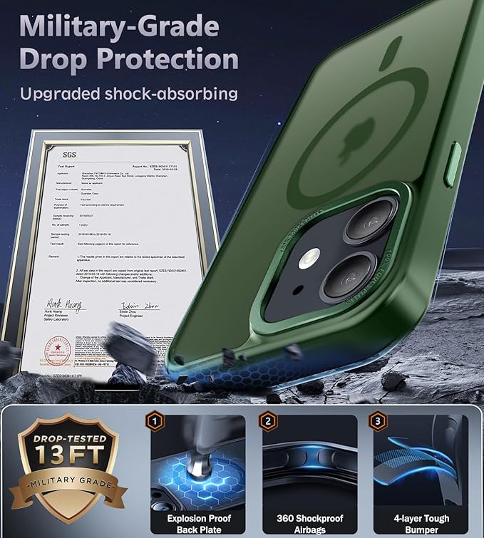 Newfuture Designed for iPhone 12 Case/iPhone 12 Pro Case with Magnetic [13 FT Military Drop Protection] [Compatible with Magsafe] Translucent Shockproof with Anti-Fingerprint Phone Case, Dark Green