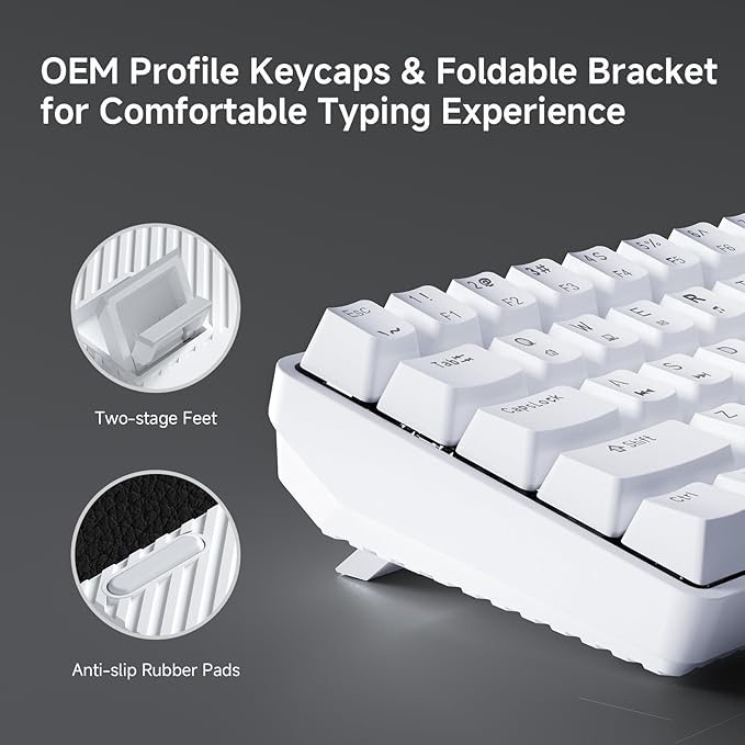 TMKB 60% Mechanical Gaming Keyboard, Red Linear Switch, LED Backlight, Anti-Ghosting, Detachable USB-C, Double-Shot Keycaps, 61 Keys, Wired, White