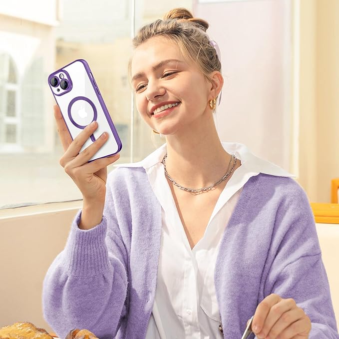Hython Magnetic Clear for iPhone 15 Plus Case with Camera Lens Protector [Compatible with MagSafe] Luxury Plating Edge Slim Soft TPU Cover Protective Phone Case for iPhone 15 Plus 6.7", Matte Purple
